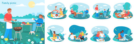 Family picnic composition set with people eating outdoors having barbecue playing guitar and relaxing isolated vector illustrationのイラスト素材