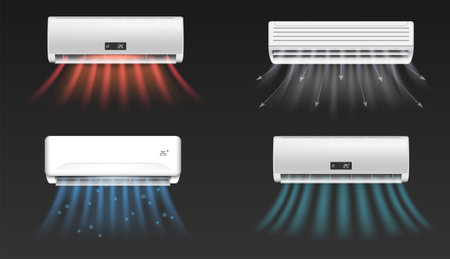 Realistic set of air conditioners blowing cold and hot air isolated on black background vector illustrationのイラスト素材