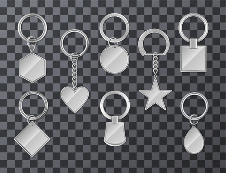 Metal keyrings with blank breloques of different shape realistic set isolated on transparent background vector illustrationのイラスト素材