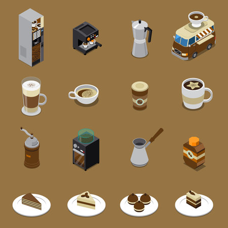 Coffee isometric set with beverages and sweets on plates vending machine grinder cezve car isolated vector illustrationのイラスト素材
