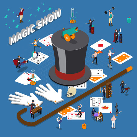 Magic show isometric composition with masters of tricks, cane, hat, playing cards on blue background vector illustrationのイラスト素材