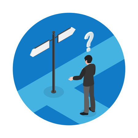 Choice isometric concept with man at crossroads on blue background isometric vector illustrationのイラスト素材