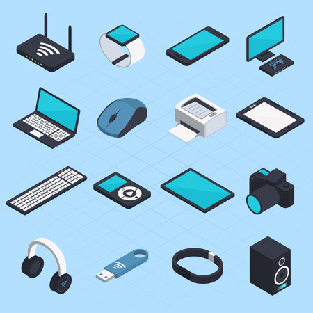 Isometric set of wireless mobile devices with smartphone notebook headphones usb tablet printer mouse modem icons isolated vector illustrationのイラスト素材