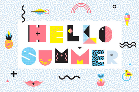 Hello summer memphis style design with black wavy lines geometric elements food on decorative frame...