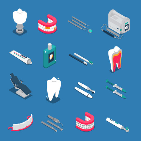 Stomatology isometric colored  icons isolated on blue background with dentures and tools for dental care vector illustrationのイラスト素材
