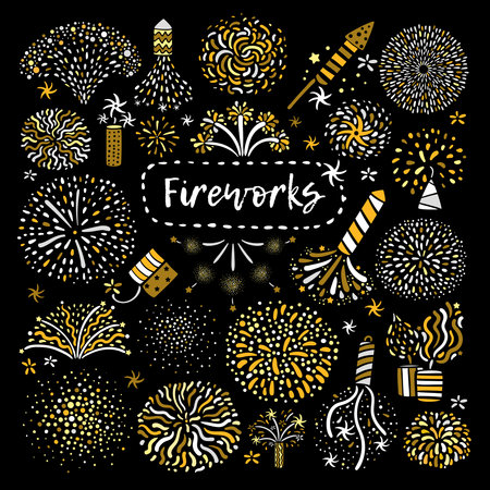 Golden yellow festive different types firework shapes icons composition on black background set poster abstract vector illustrationのイラスト素材
