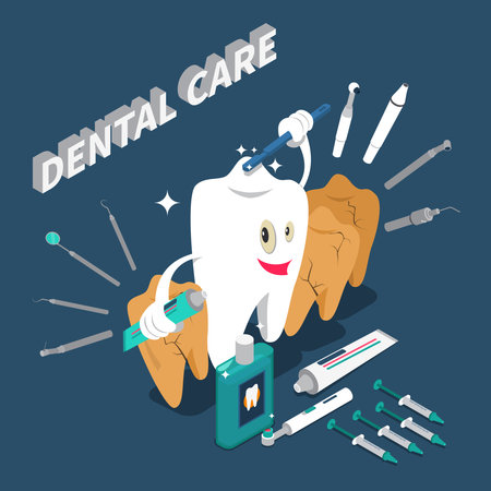 Dental care isometric concept with cartoon character in shape of tooth holding toothpaste and toothbrush vector illustrationのイラスト素材