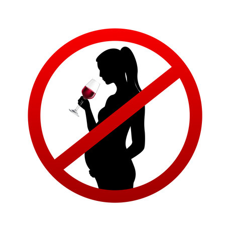 Pregnant woman silhouette drinking wine from glass in stop symbol vector illustrationのイラスト素材