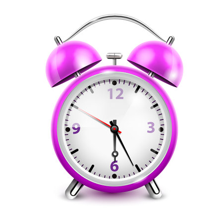Purple alarm clock with two bells in retro style on white background realistic vector illustrationのイラスト素材