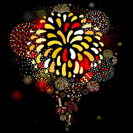 Festive multicolored radial firework explosion sparkling pattern on black background holiday celebration party abstract vector illustrationのイラスト素材