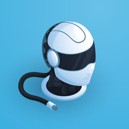 Robot head composition with hi tech style black and white helmet with headphones and unplugged wire vector illustrationのイラスト素材