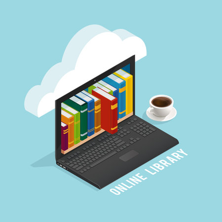 Online library isometric design with books on laptop screen coffee cup cloud on blue background vector illustrationのイラスト素材