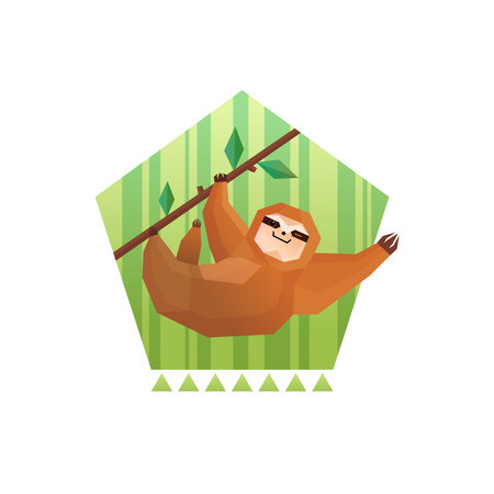Sloth polygonal composition with flat tree sloth character hanging from a bough on minimalistic striped background vector illustationのイラスト素材