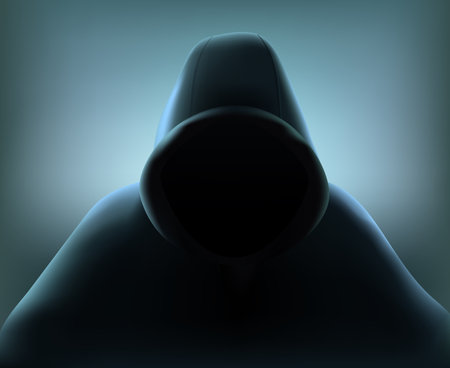 Colored hacker realistic composition with figure of man of woman in black loose overall vector illustrationのイラスト素材