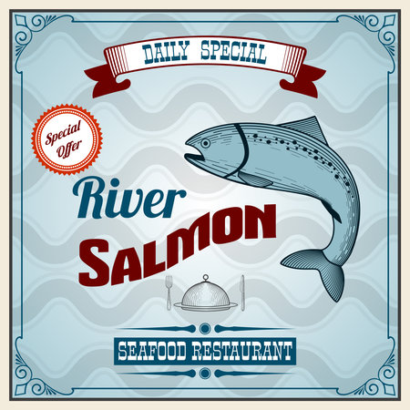 Seafood restaurant retro poster with river salmon fish vector illustrationのイラスト素材