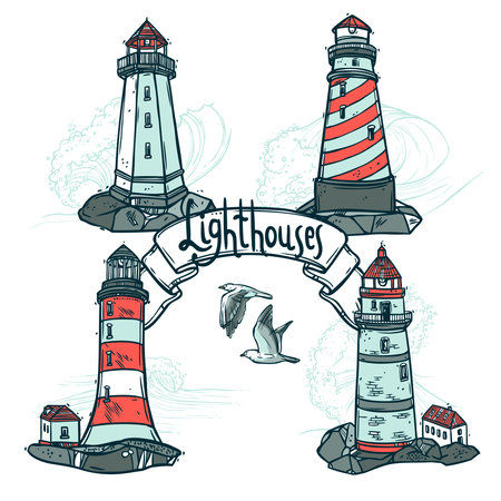 Lighthouse sketch set with seagulls and sea waves on background vector illustrationのイラスト素材