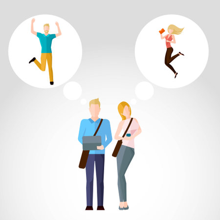 Young male and female students with bags and speech bubbles flat vector illustrationのイラスト素材