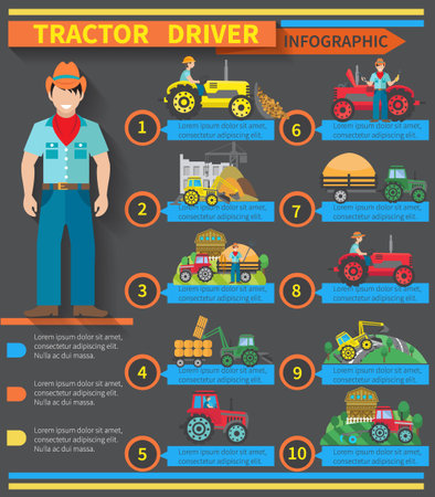 Tractor driver infographics set with farm and construction machinery symbols vector illustrationのイラスト素材