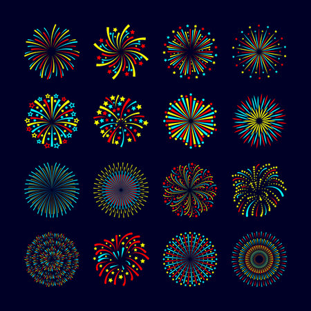 Party and holiday event firework icon flat set isolated vector illustrationのイラスト素材