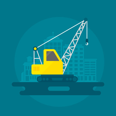 Lifting crane construction equipment with building on background flat icon vector illustrationのイラスト素材