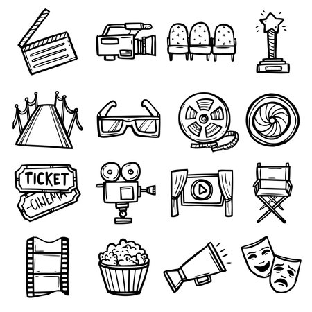Cinema and entertainment arts hand drawn decorative icons set with clapperboard camera chairs award isolated vector illustrationのイラスト素材