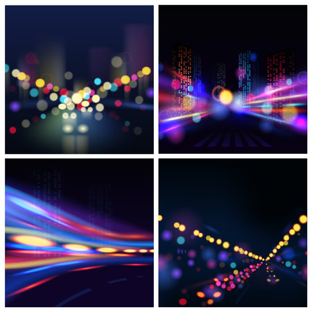 Night illuminated city blur backgrounds set with traffic lights isolated vector illustrationのイラスト素材