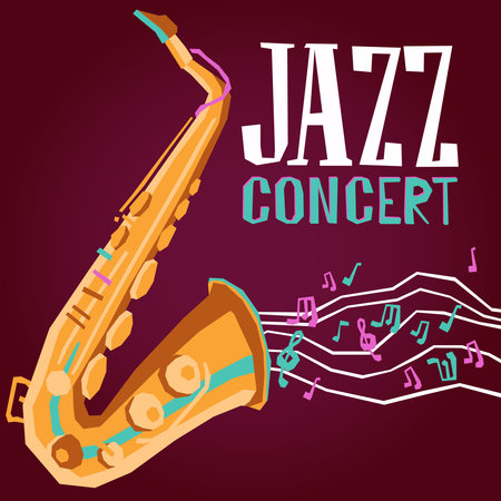 Jazz music concert promo poster with saxophone flat vector illustrationのイラスト素材