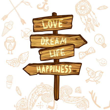 Wooden sign board with direction arrows on decorative background color vector illustrationのイラスト素材