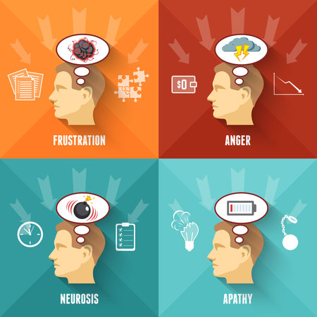 Common work related stress disorders and apathy 4 flat icons square composition banner abstract isolated vector illustrationのイラスト素材