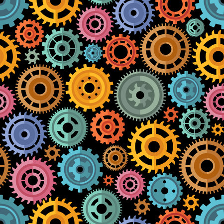 Various flat style color gears pattern on the black background vector illustrationのイラスト素材