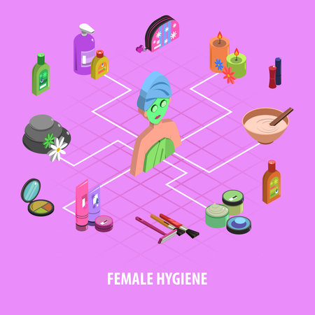 Bodycare isometric flowchart with 3d female figure and cosmetic accessory vector illustrationのイラスト素材