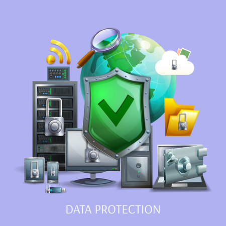 Data protection and storage concept with laptop computer and smartphone on violet background cartoon vector illustrationのイラスト素材