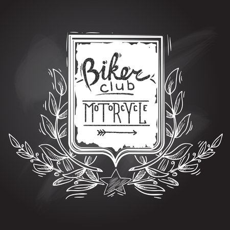 Chalkboard biker club motorcycle emblem with shield star and wreath vector illustrationのイラスト素材