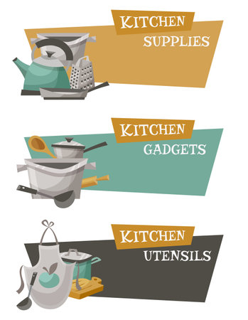 Kitchen utensils icons set with gadgets supplies and titles flat isolated vector illustrationのイラスト素材