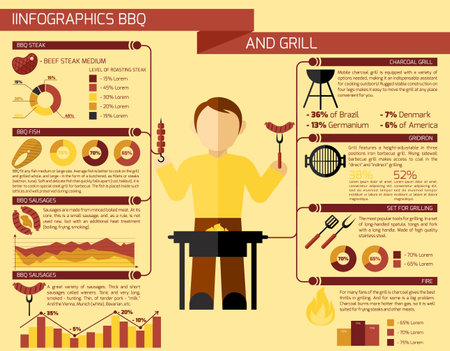Bbq grill infographics set with food cooking symbols and charts vector illustrationのイラスト素材
