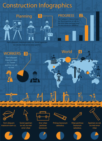 Construction infographics set with engineer and workers equipment charts and world map vector illustrationのイラスト素材