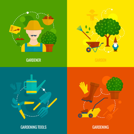 Country hobby gardener tools and accessories  4 flat icons of lawn mower composition abstract isolated vector illustrationのイラスト素材
