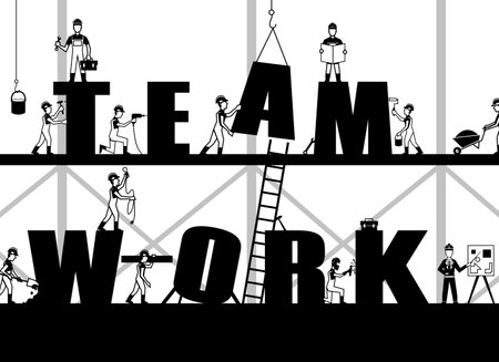 Teamwork poster with construction process and black builder people silhouettes vector illustrationのイラスト素材