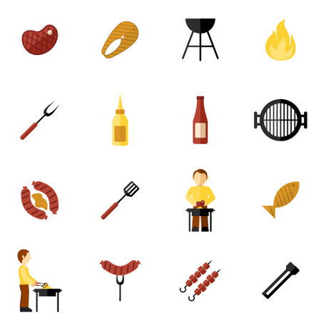 Bbq grill icon flat set with meat and fish steaks and cooking utensil isolated vector illustrationのイラスト素材