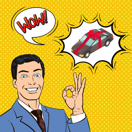 New car as gift, composition on yellow textured background with happy man, bubbles, comic style vector illustrationのイラスト素材