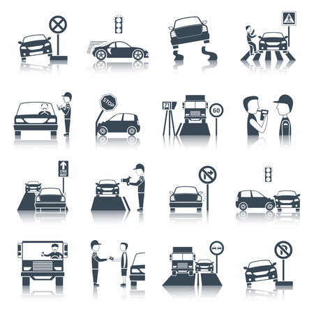 Traffic violation and road security black icons set isolated vector illustrationのイラスト素材