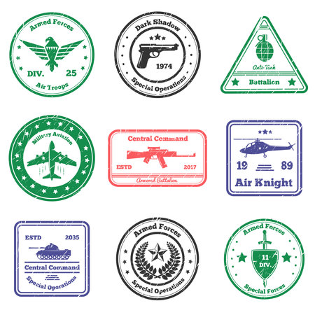 Military grunge stamps collection of nine flat postal stamps with text captions signs and weapon symbols vector illustrationのイラスト素材
