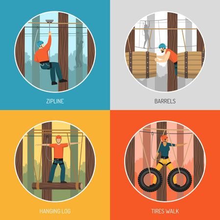 Ropes course outdoor adventure concept 4 flat icons with zip line tour and tires walking vector illustrationのイラスト素材