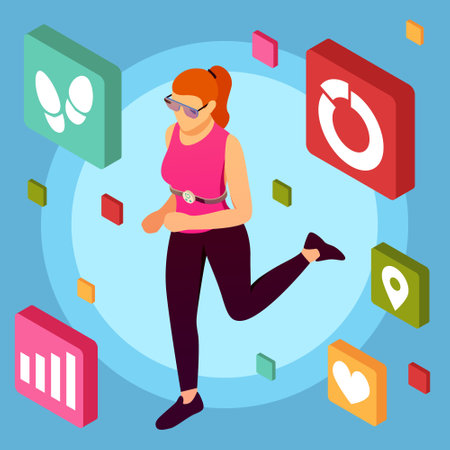 Isometric wearable sport devices background with female human character doing taking exercises with mobile fitness application pictograms vector illustrationのイラスト素材