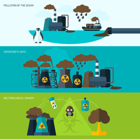 Pollution flat horizontal banner set with bacteriological danger operating plants elements isolated vector illustrationのイラスト素材