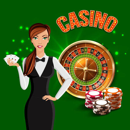 Cartoon casino realistic green composition with girl croupier and Russian Roulette behind her vector illustrationのイラスト素材