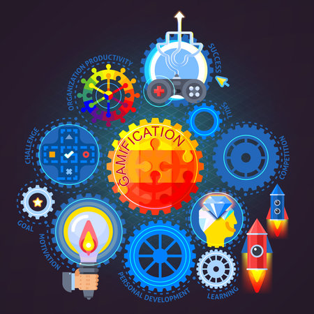 Gamification flat composition on dark background with mechanism from colorful gears, joystick,...