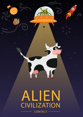 Flat design funny poster with alien flying saucer and cow vector illustrationのイラスト素材