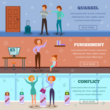 Angry characters quarreling punishing child and in conflict situation 3 horizontal cartoon banners webpage design isolated vector illustrationのイラスト素材