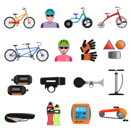 Bicycle sport icons flat set with cycling accessories isolated vector illustrationのイラスト素材